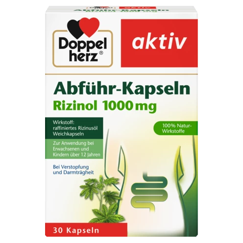 Abbildung der Produktverpackung Doppelherz aktiv Abführ-Kapseln Rizinol 1000 mg Frontansicht